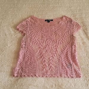 Women's Pink Say What? Sheer Lace Floral Short Sleeve Top - Size M